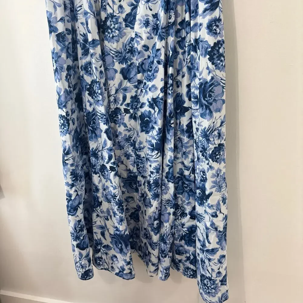 Abercrombie & Fitch Strappy Plunge Corset Maxi Blue White Floral Maxi Dress XL